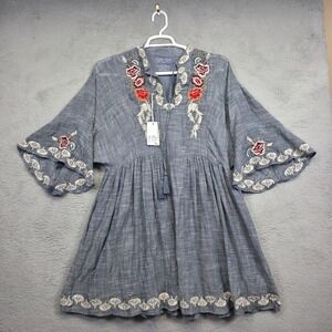 Kyla Seo Dress‎ Womens S Gray Flared Sleeve Floral Embroidered Boho Tunic